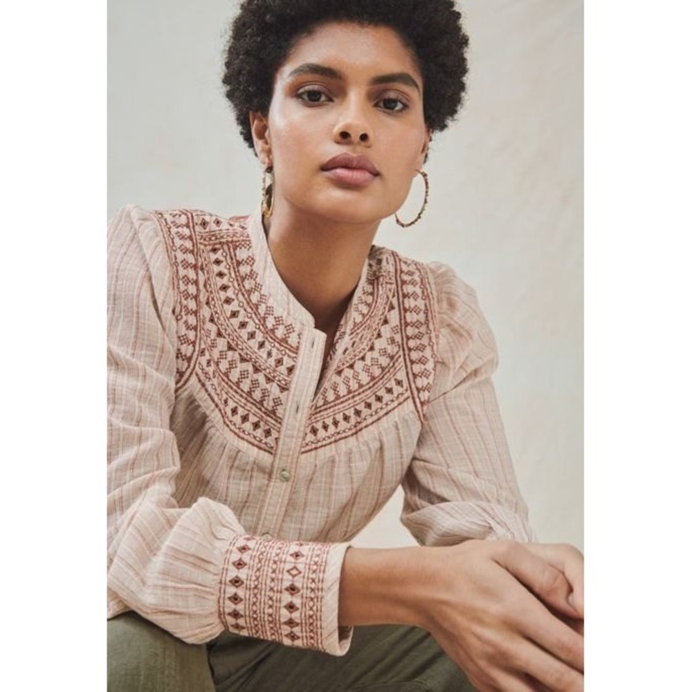 Wrap London Embroidered Boho 100% Cotton Button Front Blouse Terracotta XL